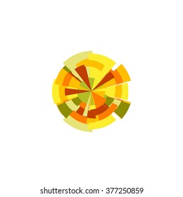 Abstract vector logo. Colorful graphic illustration. Stylized sunrays. Isolated futuristic sunbeams. Round shape. Vector pizza symbol.