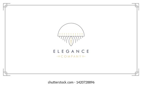 Abstract vector logo design with frame for premium branding. Elegant line symbol logotype in black and gold.