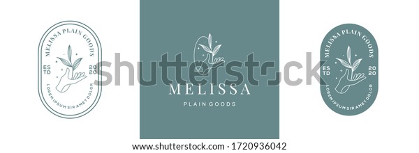abstract vector logo design\
with hand and leaves. symbol for cosmetics, jewellery, beauty\
products badge on feminine style. suitable for floral and botanical\
business