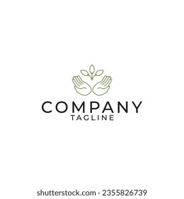 Abstract vector logo design with hands and leaves. Symbol of love for the environment, nature, cleanliness, health, health product badge in feminine style. Suitable for health logos.