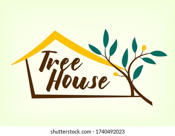 Abstract Vector Logo Design House and tree on green background