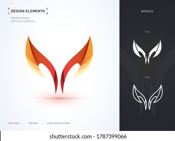 Abstract vector logo design, letter W and V. Origami, flame, line art, flat style