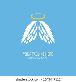 Abstract Vector Logo Design Template. White angel wings and golden nimbus on blue background