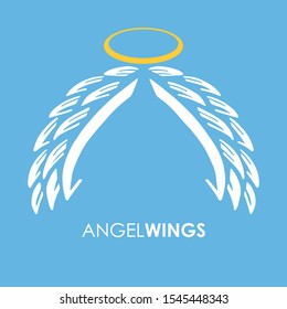 Abstract Vector Logo Design Template. White angel wings and golden nimbus on blue background