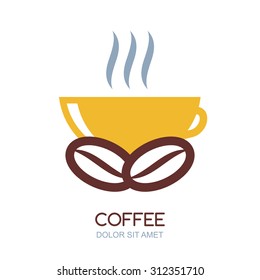 Abstract vector logo design template. Hot coffee in cup and coffee beans, natural drink. Concept for bar menu, coffee shop, cafe, organic product.