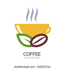 Abstract vector logo design template. Illustration of hot coffee in cup, green leaf and coffee bean. Natural drink. Concept for bar menu, coffee shop, cafe, organic product.