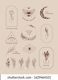 Abstract vector logo design in trendy linear style. Line design elements of hand with flower, bee, moon. Perfect for your brand: packaging, cosmetic, jewelry, shops, magazine