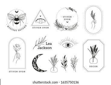 Abstract vector logo design in trendy linear style. Line design elements of hand, flowers, bee, eye, moon. Perfect for your brand: packaging, cosmetic, jewelry, shops, magazine