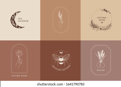 Abstract vector logo design in trendy linear style. Line design elements of hand, flowers, bee, eye, moon. Perfect for your brand: packaging, cosmetic, jewelry, shops, magazine