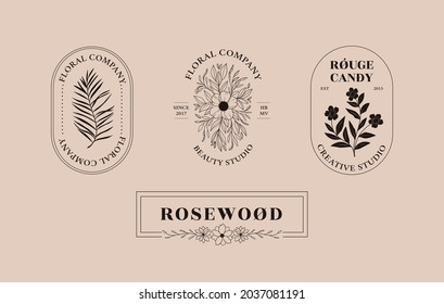 Abstract vector logo design in trendy linear style in oval shape. Line design elements of flowers, leaves, branches, silhouette. Perfect for your brand: packaging, cosmetic, jewelry, shops, magazine