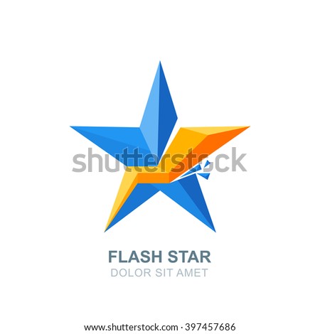 Abstract vector logo, emblem with blue crashed star and lightning. Flat style isolated icon. Creative design elements. Concept for business leadership, creativity, energy theme.
