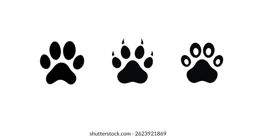Abstract Vector Logo Icon Illustration of Three Distinct Black Paw Prints on a White Background
