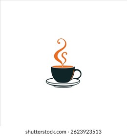 Abstract Vector Logo Icon Illustration of a Black Coffee Cup with Orange Swirling Steam on a White Saucer