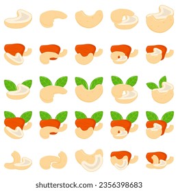 Abstract vector logo illustration of whole ripe chocolate cashew nuts, cut into slices, product hazel background. Cashew nut pattern consisting of tag label, half food peeled nutlet, nutshell. Eat cas