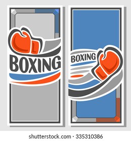 Abstract vector of logo for inscription text, notes, title; poster vertical banner, red boxing gloves flying on trajectory in goal over blue ring field closeup, invitation ticket for boxing club