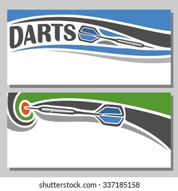 Abstract vector logo for inscription  text, notes, title; poster horizontal banner, Dart flying on trajectory in  target, closeup on white, throw darts in bullseye dart board goal, invitation ticket.