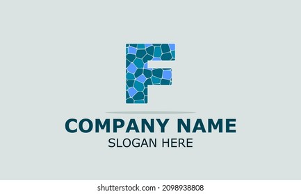 Resumen de la letra del logotipo del vector f con piedras azules en fondo gris . plantilla moderna de diseño de logotipo.