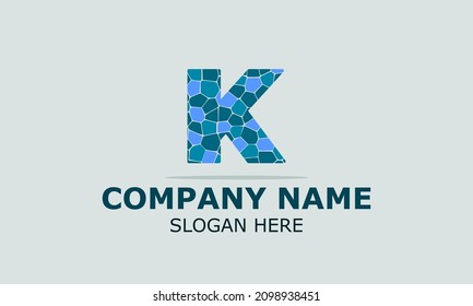 Abstract vector logo letter k with blue stones in gray background . modern logo design template.