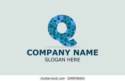 Abstract vector logo letter q with blue stones in gray background . modern logo design template.
