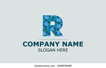 Abstract vector logo letter r with blue stones in gray background . modern logo design template.
