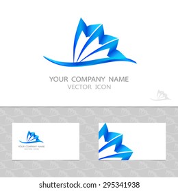 Abstract vector logo set, business cards. Blue stylized wave and shell. Seamless pattern with waves. 