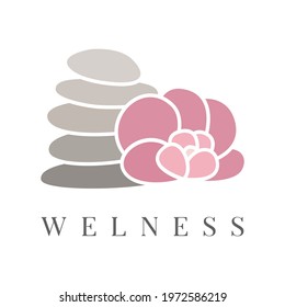Abstract vector logo of stones sign with orchid. Icon wellness and spa. Creative minimalist hand painted illustration for wellness, spa, Thai massage. Design template logo with symbol natural stones.