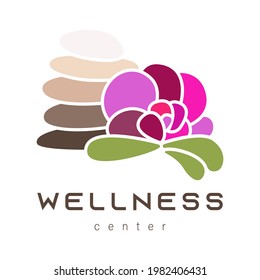 Abstract vector logo of stones sign with orchid. Icon wellness and spa. Creative minimalist hand painted illustration for wellness, spa, Thai massage. Design template logo with symbol natural stones.