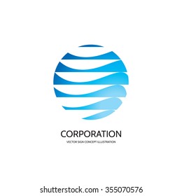 Abstract vector logo template concept illustration. Stripes in circle. Sphere globe sign. Hi-tech icon. Water blue symbol. Business insignia. Design element.  