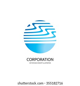 Abstract vector logo template concept illustration. Stripes in circle. Sphere globe sign. Hi-tech icon. Water blue symbol. Business insignia. Design element.  