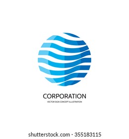 Abstract vector logo template concept illustration. Stripes in circle. Sphere globe sign. Hi-tech icon. Water blue symbol. Business insignia. Design element.  