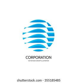 Abstract vector logo template concept illustration. Stripes in circle. Sphere globe sign. Hi-tech icon. Water waves symbol. Business insignia. Design element.  