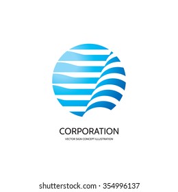 Abstract vector logo template creative illustration. Stripes in circle. Sphere globe sign. Hi-tech icon. Network symbol. Water concept. Business insignia. Design element.  