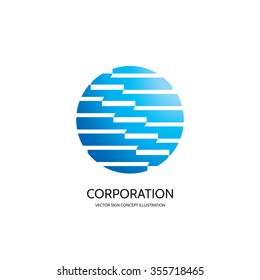 Abstract vector logo template creative illustration. Stripes in circle. Sphere sign. Hi-tech symbol. Water concept icon. Geometric insignia. Design element.