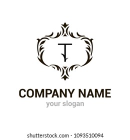 Abstract vector logo template for letter T. Monochrome logotype for beauty company, SPA salon or wellness club. Creative icon, badge, symbol, sign. Vintage frame. Design element for banners or web.