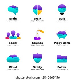 Abstract vector logo templates set. Human brain symbol. Idea light bulb. People sign. Piggy bank icon. Scientific flask. Cloud, shield and folder internet logotypes. 
