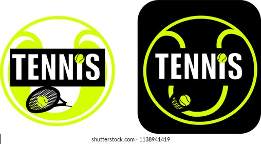Abstract vector logo with tennis racket and ball.
Emblem for firms for the sale of promotional products. Tennis championship logo. Sticker, poster, leaflet for advertising sports stores.