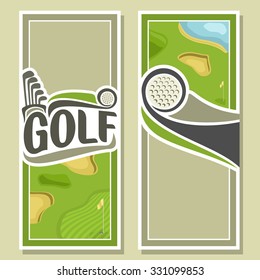 Abstract vector logo for text, notes, title; poster vertical banner, golf course ball flying trajectory over playground field with inscription golf course club closeup, invitation ticket 