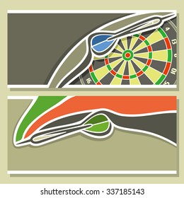 Abstract vector logo for text, notes, title; poster horizontal banner, Dart flying on trajectory in dartboard target, closeup on black, throw darts in dart board goal, invitation ticket.
