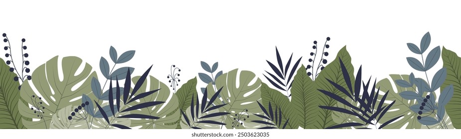 Abstract  vector long panoramic botanical background with tropical leaves of monstera, palm and dieffenbachia
