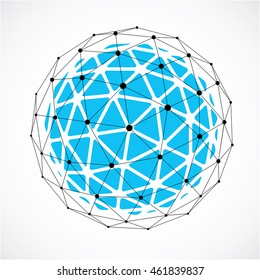 Abstract vector low poly object with black lines and dots connected. Blue 3d origami futuristic form with black overlapping lines mesh.