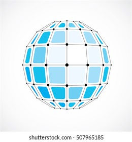 Abstract vector low poly object with black lines and dots connected. Blue 3d futuristic globe with overlapping lines mesh and squares. 