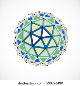 Abstract vector low poly object with black lines and dots connected. Colorful 3d origami futuristic form with black overlapping lines mesh.