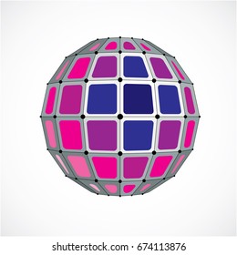 Abstract vector low poly object with black lines and dots connected. Purple 3d futuristic globe with overlapping lines mesh and squares. 