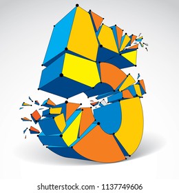 Abstract vector low poly wrecked number 5 with black lines and dots connected. 3d origami futuristic colorful font with lines mesh.