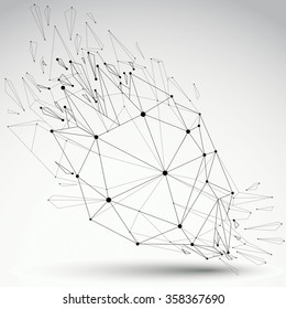 Abstract vector low poly wrecked grayscale object with black lines and dots connected. 3d origami futuristic form with lines mesh.