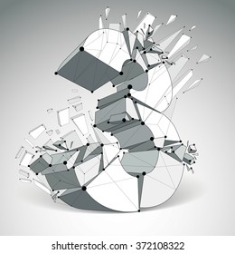 Abstract vector low poly wrecked number 3 with black lines and dots connected. 3d origami futuristic font with lines mesh.