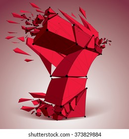Abstract vector low poly wrecked red number 7 with black lines and dots connected. 3d origami futuristic font with lines mesh.