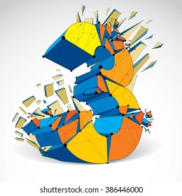 Abstract vector low poly wrecked number 3 with black lines and dots connected. 3d origami colorful futuristic font with lines mesh.