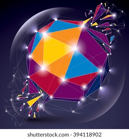 Abstract vector low poly wrecked object with lines and dots connected. 3d origami broken futuristic form with lines mesh and fractures. Light effect and glow element.