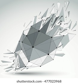 Abstract vector low poly wrecked object with black lines and dots connected. 3d origami futuristic form with lines mesh.